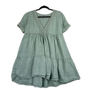 Elena Baldi Sage Green Dress Womens Small 100% Linen Ruffled Crochet Trim V-Neck